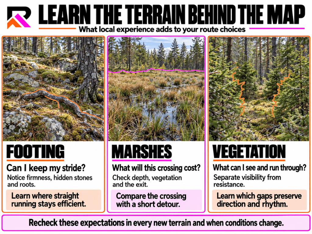RF-COACH terrain guide: learn how footing affects stride, how marsh depth, vegetation and exits affect crossings, and how visibility differs from resistance. Recheck expectations in new terrain and changing conditions.