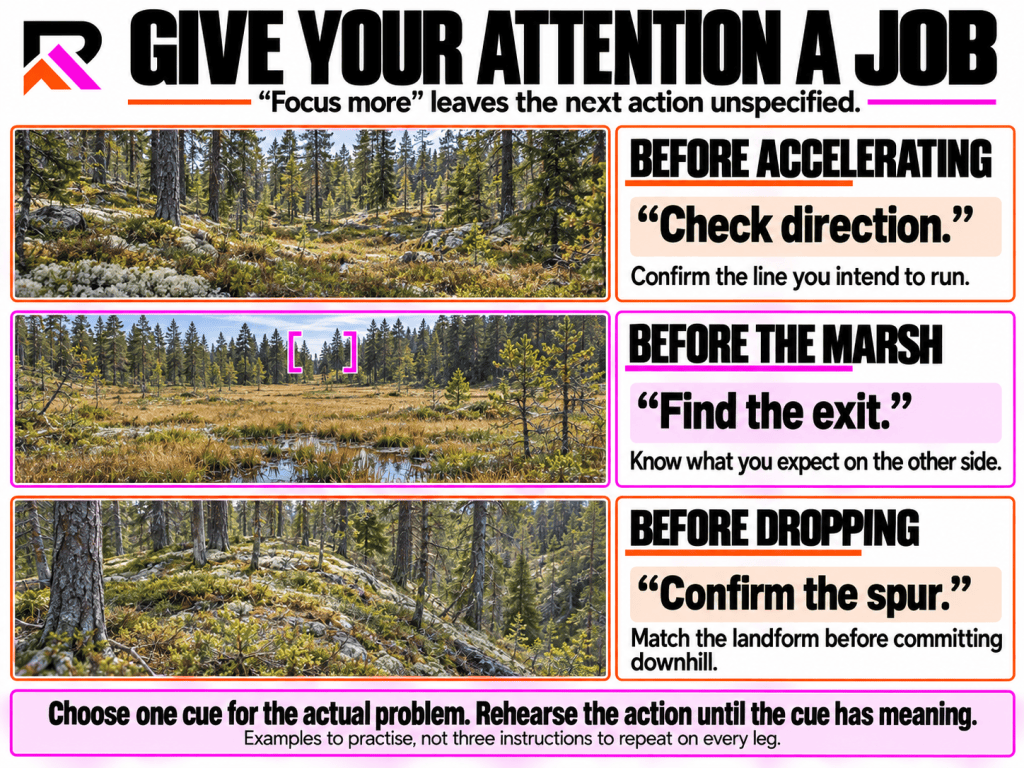 RF-COACH examples of task-focused cues: check direction before accelerating, find the exit before a marsh, and confirm the spur before dropping downhill. Choose one cue for the actual problem and rehearse its action.