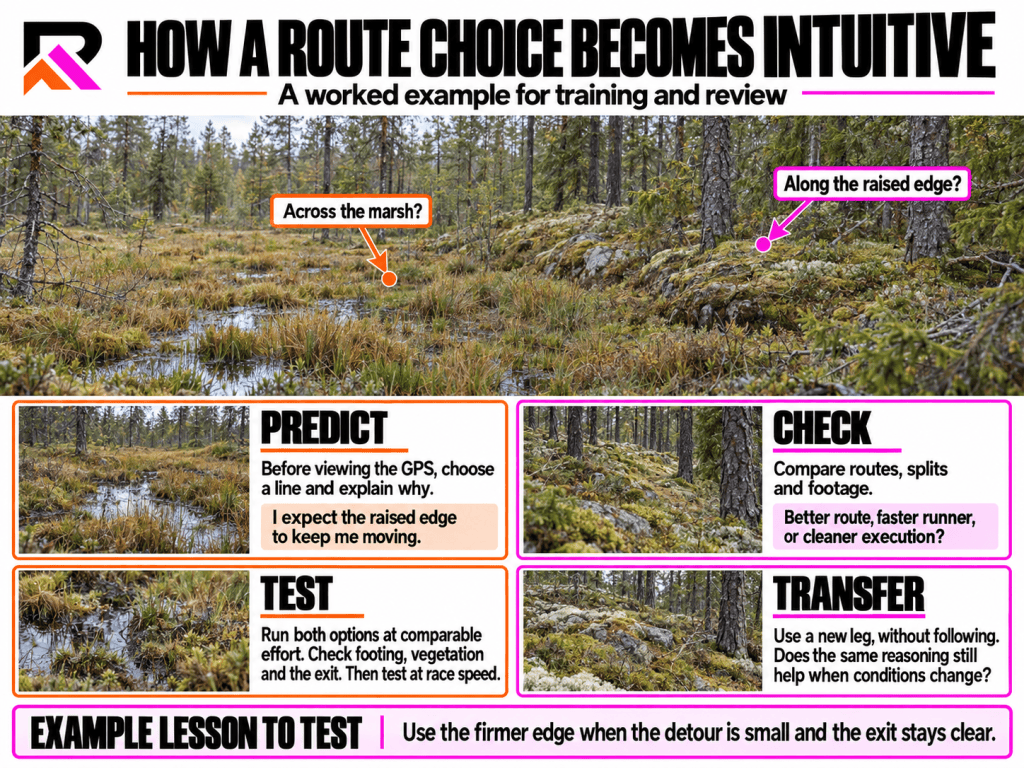 Illustrative RF-COACH training example: compare crossing a marsh with using a raised edge. Predict your route, check GPS and splits, test both options, then apply the lesson on a new leg.